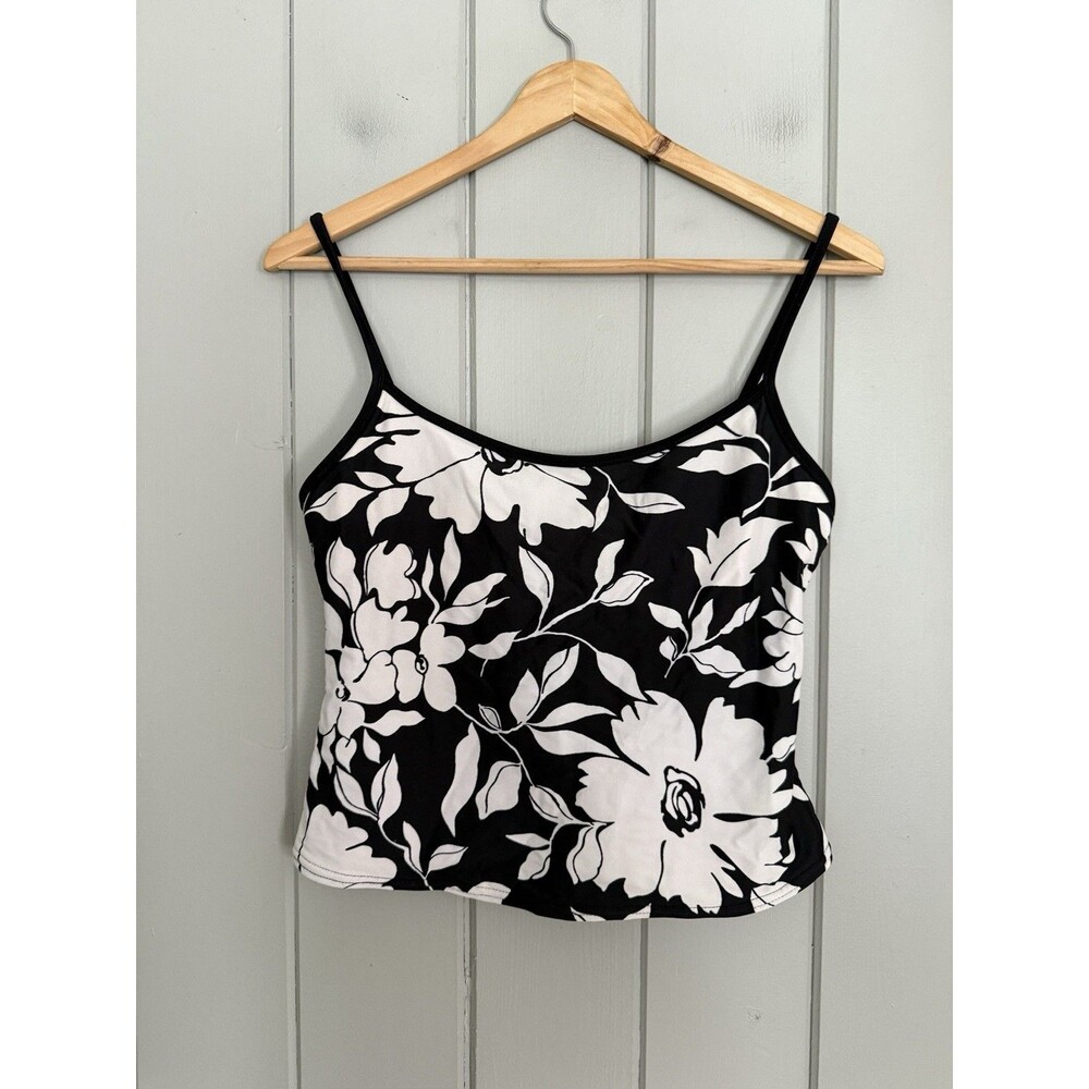 Oscar De La Renta Swim Top 12 Tank Black White Floral Soft Cups